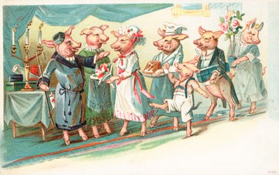 Anthropomorphe Schweine werden bei einer Party begrüßt von English School
