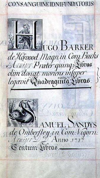 Seite mit zwei Wohltätern des New College, Oxford; Hugo Barker und Samuel Sandys, aus einem Benefizbuch von English School