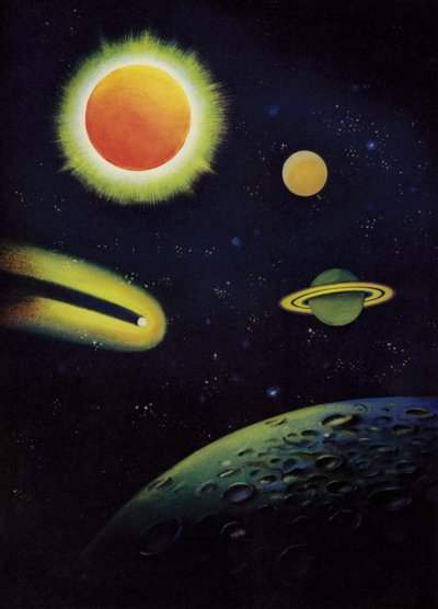 Astronomische Objekte: die Sonne, die ihre Korona zeigt; die Planeten Mars und Saturn; Coggia