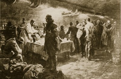 Arbeit in einem Kellerhilfsposten unter einem Fort von Verdun, 1914-19 von English School