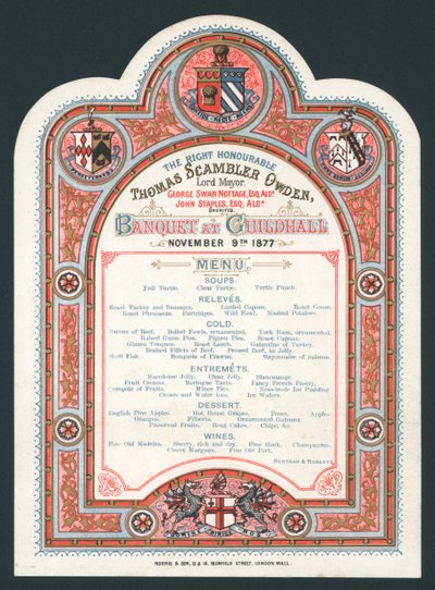 Bankett in der Guildhall, 9. November 1877, Menü von English School