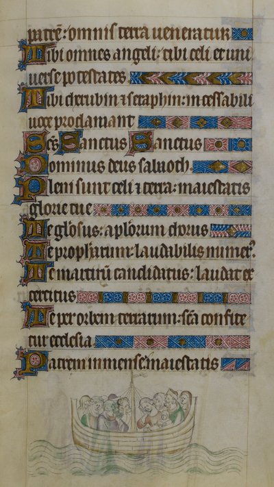 Bas-de-page-Szene zeigt Thomas Becket und Gefährten, die den Kanal in einem Boot überqueren, während sie ins Exil nach Frankreich reisen, Illustration aus dem 