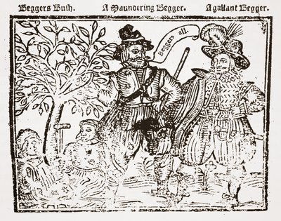 Bettler Aller: Bettlers Busch, ein wandernder Bettler und ein galanter Bettler, Titelseite von Das Lob, die Antike und der Nutzen des Bettelns, der Bettler und des Bettelns von English School