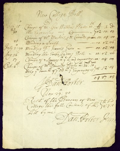 Rechnung von Daniel Porter an New College, 1690 von English School