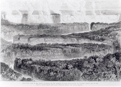 Vogelperspektive der Großen Katarakte des Sambesi (Victoriafälle) aus Narrative of an Exhibition to the Zambesi and its Tributaries, veröffentlicht 1865 von English School