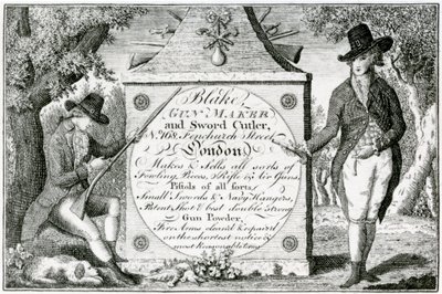 Blake, Büchsenmacher und Schwertschmied, Waffenetiquette (Stich) von English School