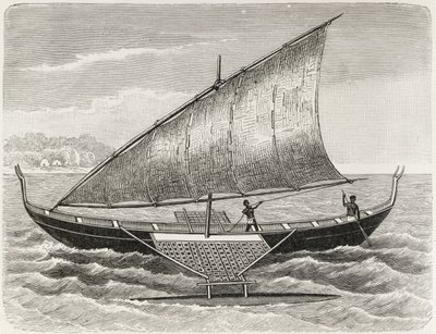 Boot der Mortlock-Inseln, mit Ausleger und Segel aus Schilfrohrmatten, aus 