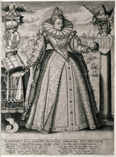 Buch-Frontispiz, das die glückliche und erfolgreiche Herrschaft von Königin Elisabeth I. feiert, 1596 von English School
