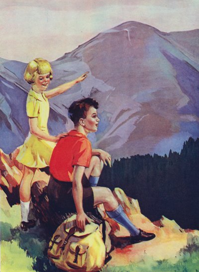 Junge und Mädchen wandern in den Bergen von English School