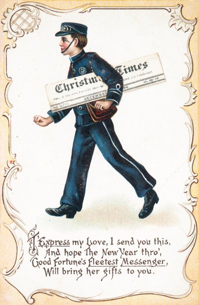 Junge liefert Weihnachtszeitung aus, Weihnachtskarte von English School