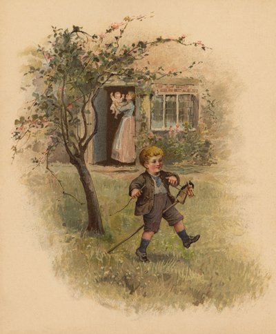 Junge reitet sein Steckenpferd im Garten von English School
