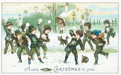 Jungen haben eine Schneeballschlacht, Weihnachtskarte von English School