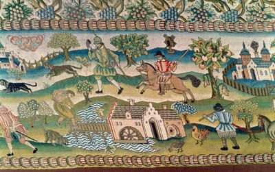 Bradford Tischteppich, Detail von Szenen des Landlebens, spätes 16. Jahrhundert von English School