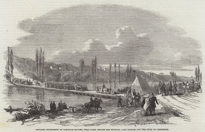 Brückenexperiment in Joinville-le-Pont, nahe Paris, vor dem Kaiser, Lord Raglan und dem Herzog von Cambridge (Gravur) von English School