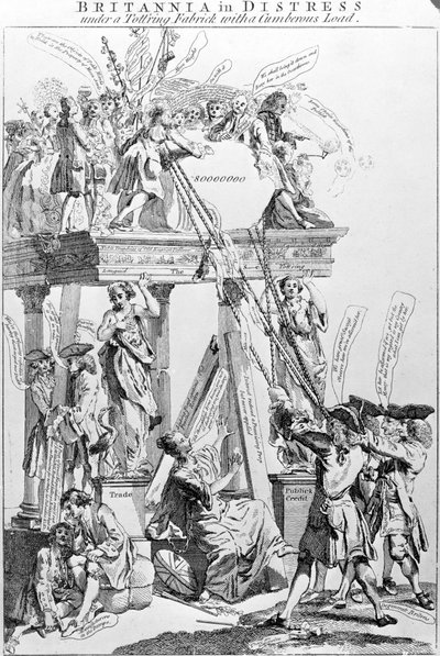 Britannia in Not unter einem wackeligen Gebäude mit einer schweren Last, um 1756 von English School