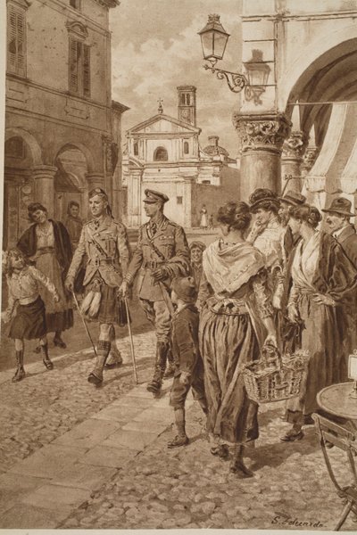 Britische Highlander werden in einer französischen Stadt willkommen geheißen, 1914-19 von English School