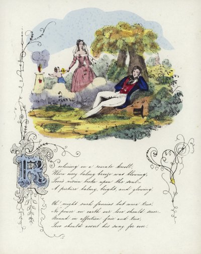 Britische Valentinskarte mit einem Bild eines Mannes und einer Frau in einem Garten mit einem Cherub von English School