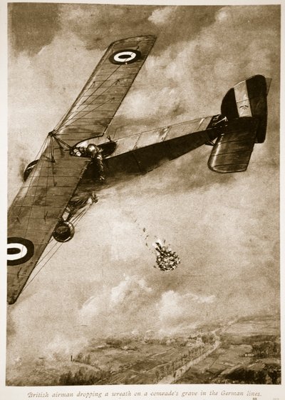 Britischer Flieger wirft einen Kranz auf das Grab eines Kameraden in den deutschen Linien, 1914-19 von English School