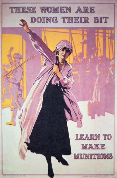 Britisches Plakat des Ersten Weltkriegs, um Frauen zu ermutigen, in Munitionsfabriken zu arbeiten, ca.1914-18 von English School