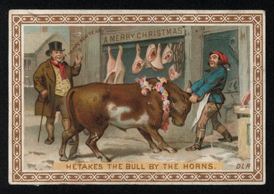 Metzger zieht einen Stier in seinen Laden, Weihnachtsgrußkarte von English School