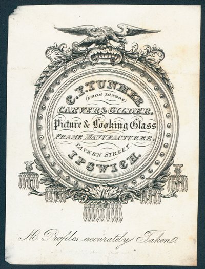 C F Tunmer, Schnitzer und Vergolder, Hersteller von Bilder- und Spiegelrahmen, Visitenkarte von English School
