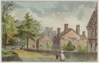 Cadburys Arbeiterhäuser und Landstraße, Bournville, Birmingham (Chromolitho) von English School
