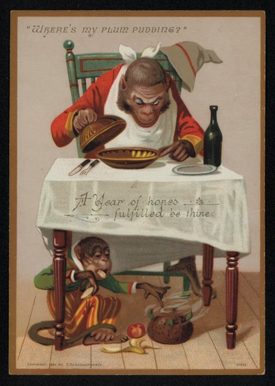 Karikatur von Affen und einem Pflaumenpudding, Neujahrsgrußkarte von English School