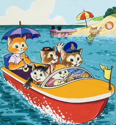 Katzenfamilie im Motorboot von English School