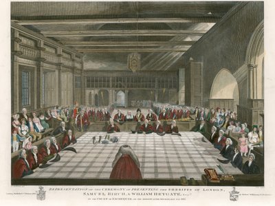 Zeremonie der Vorstellung der Sheriffs von London, Samuel Birch und William Heygate, im Exchequer Court, am Tag nach Michaelistag, 1811 von English School