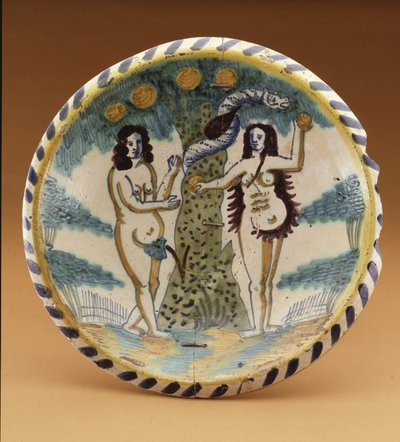 Ladeplatte mit der biblischen Geschichte von Adam und Eva im Garten Eden, ca. 1680 von English School
