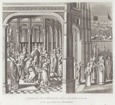 Karl V. von Frankreich und seine Königin in der großen Kirche von Reims gekrönt von English School