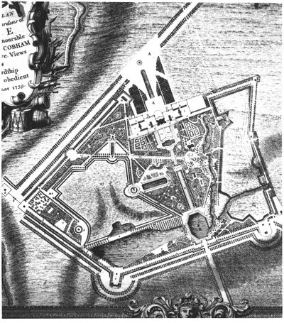 Charles Bridgemans (fl.1713-38) Plan für die Stowe Gardens, aus einem Buch über Ansichten von Stowe, veröffentlicht von Mrs. Charles Bridgeman im Jahr 1739 von English School