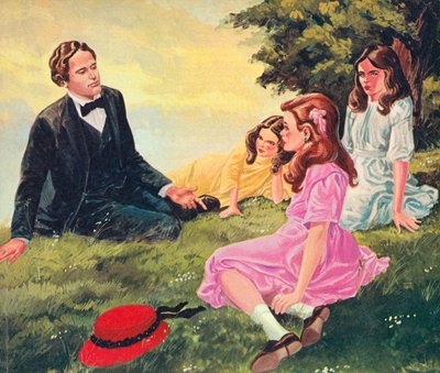 Charles Lutwidge Dodgson erzählt Geschichten Alice Liddell und ihren zwei Schwestern von English School