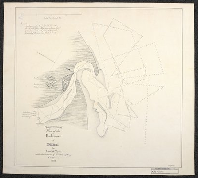 Karte von Dubai im Jahr 1822 von Marinevermessern der Englischen Ostindien-Kompanie, betitelt Trigonometrischer Plan des Hinterwassers von Debai von Leutnant R. Cogan unter der Leitung von Leutnant J. M. Guy, H. C. Marine von English School