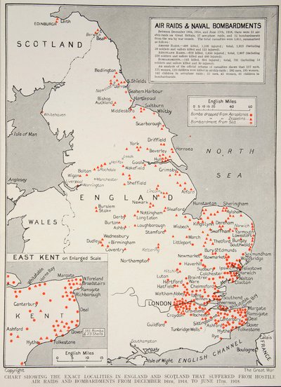 Karte, die die genauen Orte in England und Schottland zeigt, die von feindlichen Luftangriffen und Bombardierungen vom 16. Dezember 1914 bis zum 17. Juni 1918 betroffen waren, 1918-19 von English School