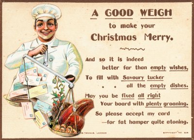 Koch wiegt Briefe und Lebensmittel auf Waage, Weihnachtskarte von English School