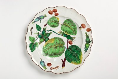 Chelsea Teller dekoriert mit botanischer Illustration von Nüssen, Insekten und Blättern, 1755 von English School