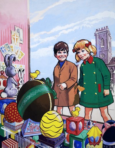 Kinder bewundern eine Osterausstellung von English School