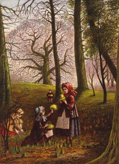 Kinder pflücken Blumen im Wald (Farblithografie) von English School