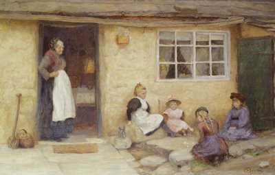 Kinder spielen Würfel vor einem Cottage von English School