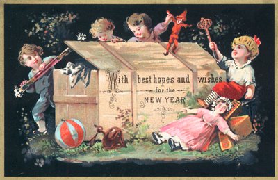 Kinder holen Spielzeug aus Holztruhe, Neujahrskarte von English School