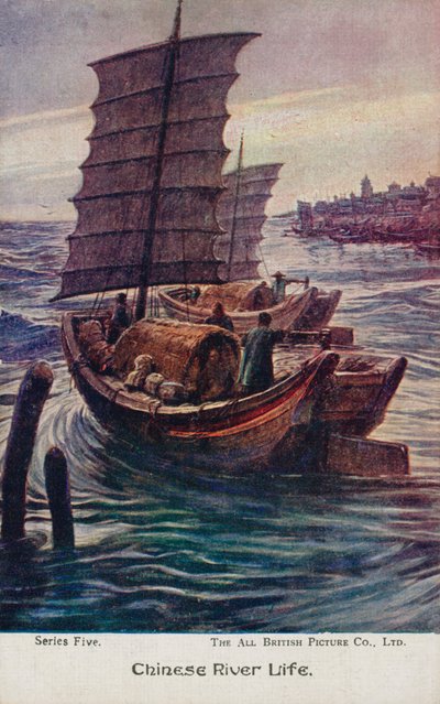 Chinesisches Flussleben (Farblithografie) von English School