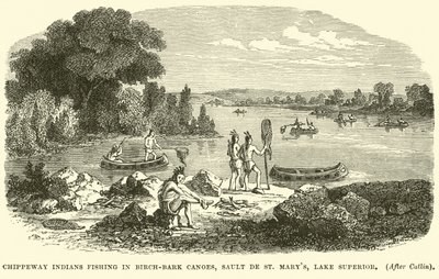 Chippeway-Indianer beim Fischen in Birkenrinden-Kanus, Sault de St Marys, Oberer See von English School