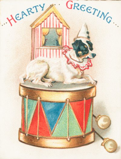 Clown-Hund auf Spielzeugtrommel von English School
