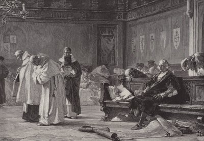 Kolumbus vor dem Rat von Salamanca (Gravur) von English School