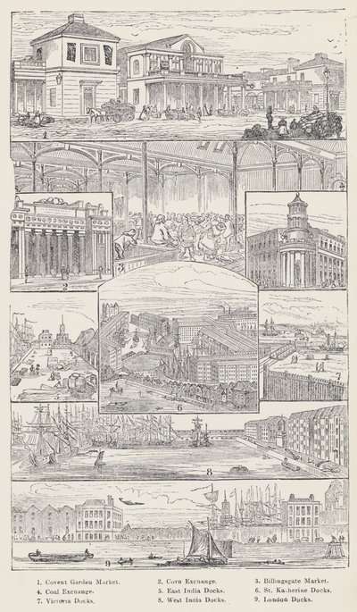 Convent Garden Market, Corn Exchange, Billingsgate Market, Coal Exchange, East India Docks, St Katherine Docks, Victoria Docks, West India Docks, London Docks (Stich) von English School