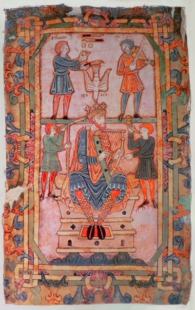 David spielt seine Harfe, aus dem Tiberius-Psalter, Winchester, ca. 1050 von English School