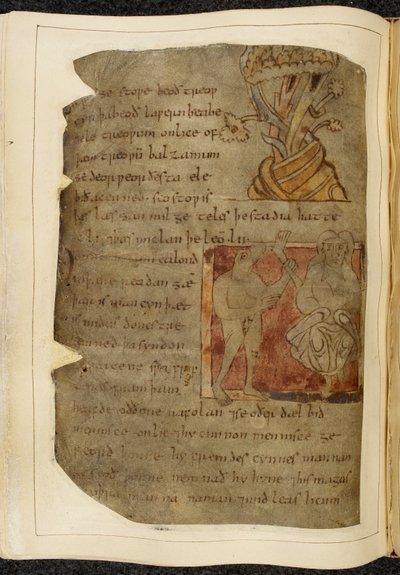 Ein Baum, aus dem Balsam wächst; ein Donestre, ein bestienköpfiger Mann, der links ein menschliches Bein und einen Fuß hält, und eine Person rechts, Illustration aus Beowulf, aus dem 