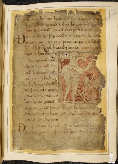 Ein Panotii, d.h. ein Mann mit Ohren, die auf Stielen herausragen, hält einen Gegenstand, der wie ein Bogen aussieht, Illustration aus Beowulf, aus dem 