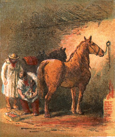Landlicher Schmied beschlägt das Pferd des Bauern von English School